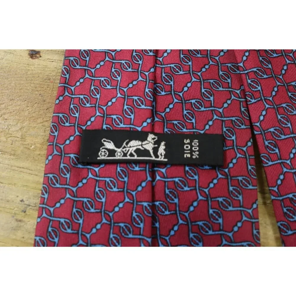 Hermes Tie Mens Silk Red Blue Chain Link Geometric Print France No Box